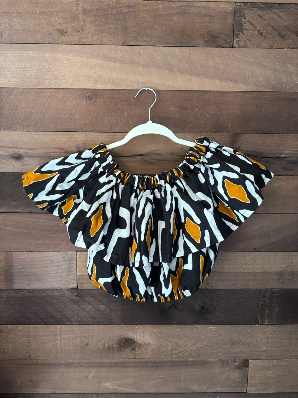 Francis + Benedict Off-Shoulder Ruffle Crop Top in Black, White & Mustard